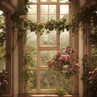 植物が絡まる古城のアーチウィンドウの写真