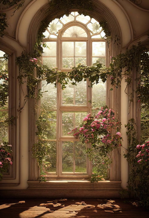 植物が絡まる古城のアーチウィンドウ