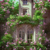 石造りの洋館を彩るクライミングローズ｜ピンク色の薔薇が壁面を覆うの写真