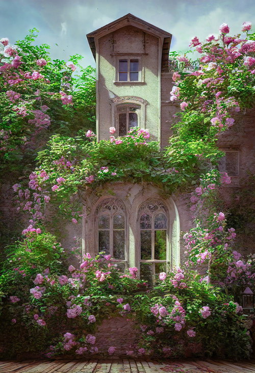 石造りの洋館を彩るクライミングローズ｜ピンク色の薔薇が壁面を覆う