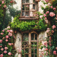 ピンク色のバラに覆われた洋館風の建物と緑の蔦の写真