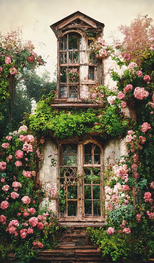 ピンク色のバラに覆われた洋館風の建物と緑の蔦