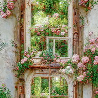 ピンクの薔薇が纏わる洋館風の石造りアーチ窓の写真