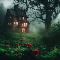 霧深い森の古い洋館と薔薇の写真