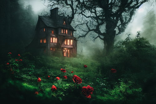 霧深い森の古い洋館と薔薇