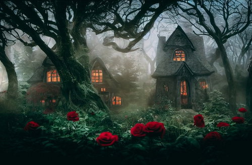 森深くの樹海に佇む古い館～霧の中の窓灯～