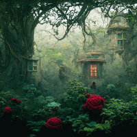 赤い薔薇が行く手を阻む樹海の奥に佇む魔女の石造りの家の写真