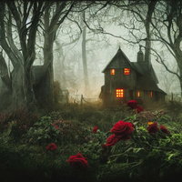 深い森にひっそりと佇む赤い光の家 - 霧深い樹海の古い廃屋の写真