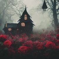 赤い薔薇に覆われるゴーストハウス｜暗い森の廃墟の写真