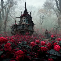 魔女が住む霧深い樹海の古い家と赤い薔薇の庭園の写真