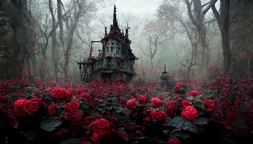 魔女が住む霧深い樹海の古い家と赤い薔薇の庭園