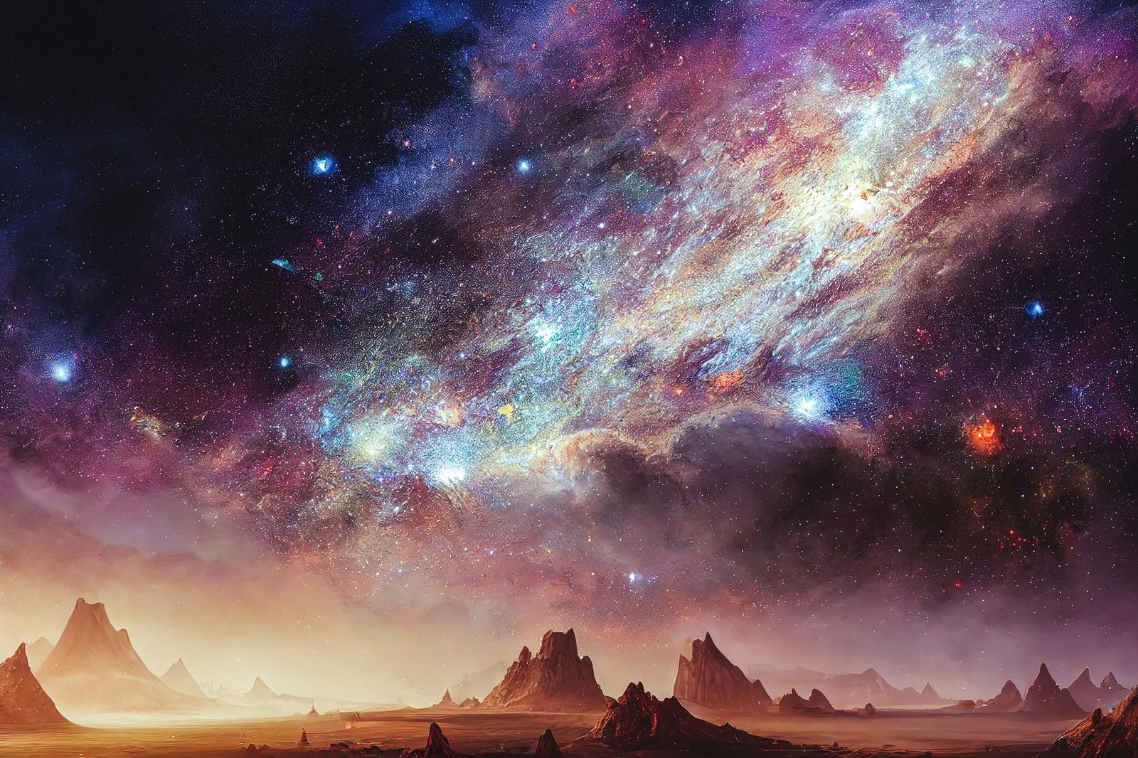 岩山が並ぶ異星の地表と広がる星雲