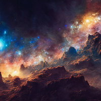 ゴツゴツした岩肌の惑星と星雲が広がる宇宙風景の写真