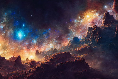 ゴツゴツした岩肌の惑星と星雲が広がる宇宙風景