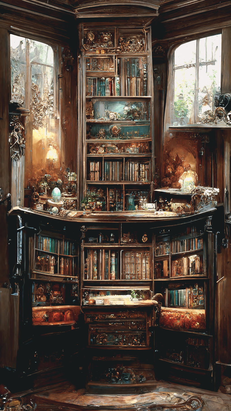 暖かい照明が灯るアンティーク風の重厚な木製本棚