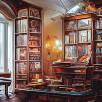 本棚に囲まれた書斎のデスク空間で落ち着いて勉強や読書ができる環境の写真