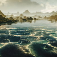 水面を漂う金色の液体が作る波紋と水質汚濁の写真