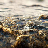 汚れた波打つ禍々しい水面、暗い液体の不穏な泡立ちの写真