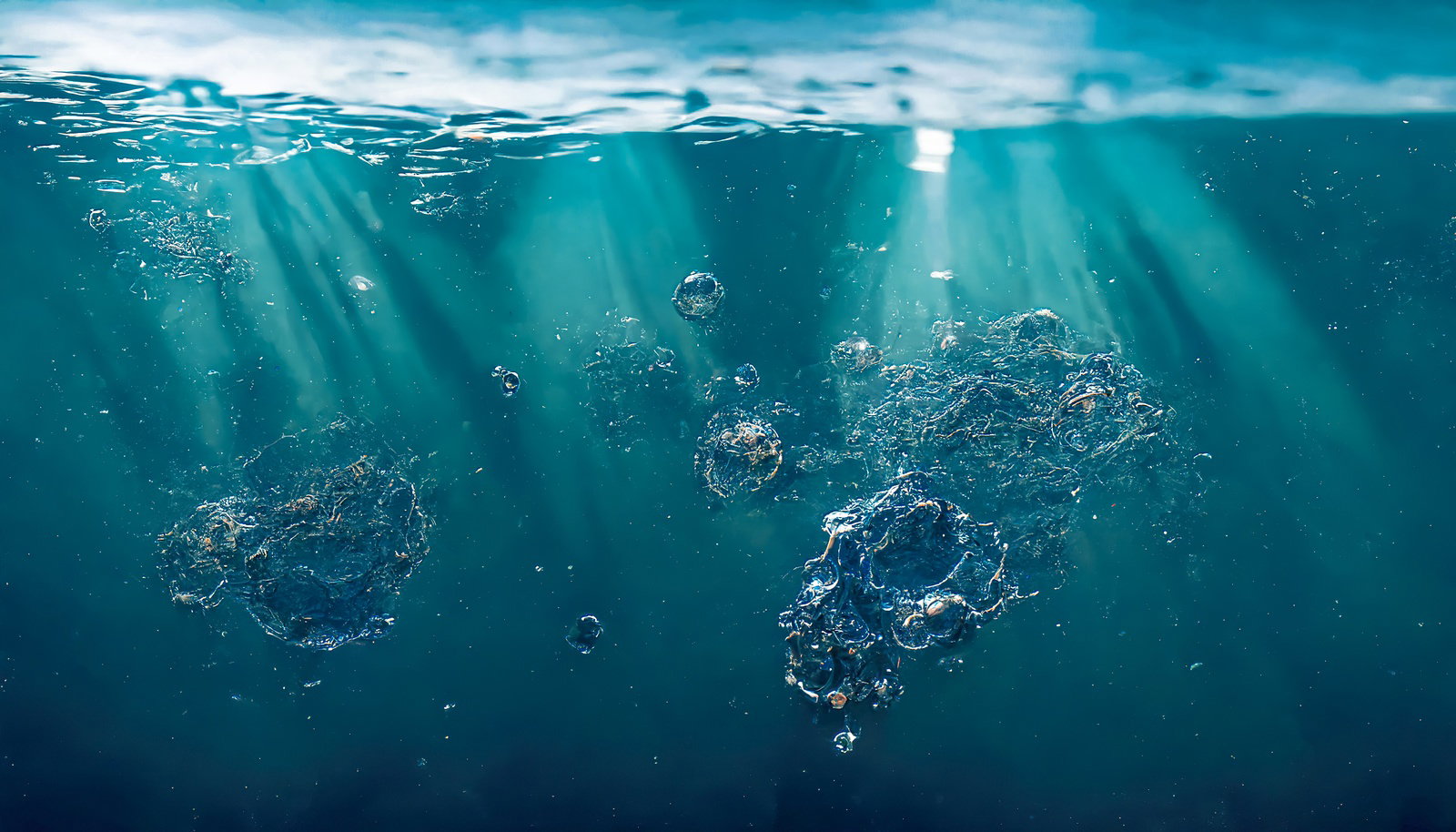 青い海中で光が差し込み、大小の気泡が水面に向かって浮上している