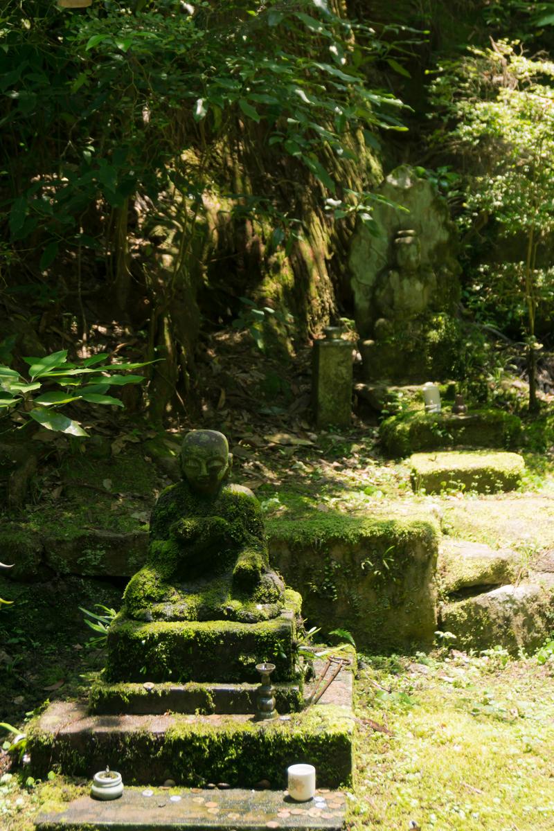 苔に覆われた石仏が参道の奥に鎮座する古い寺院の境内の風景