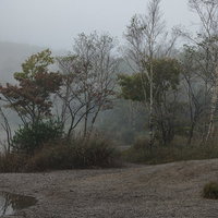 霧に包まれた赤城山の小沼湖畔の朝景色の写真