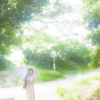 緑に囲まれた夏の日差しの中、日傘をさす女性の写真