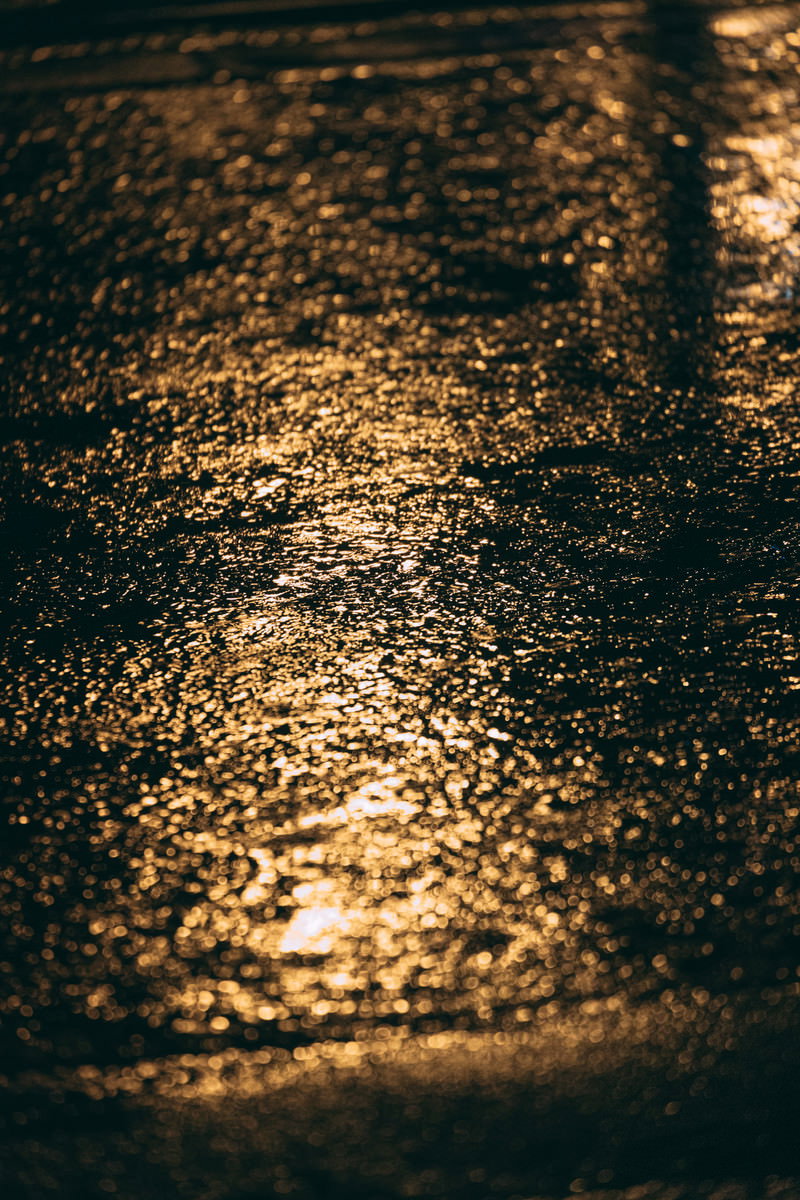 雨で濡れたアスファルトに街灯の光が反射している夜の道路