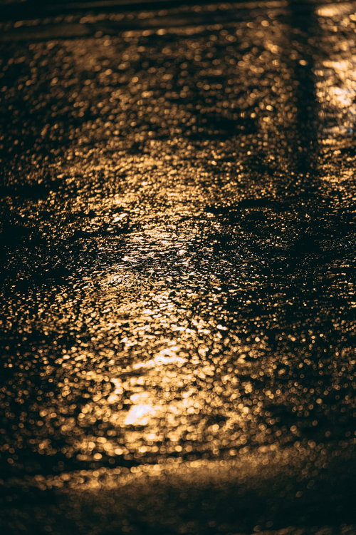 雨で濡れたアスファルトに反射する街灯の光