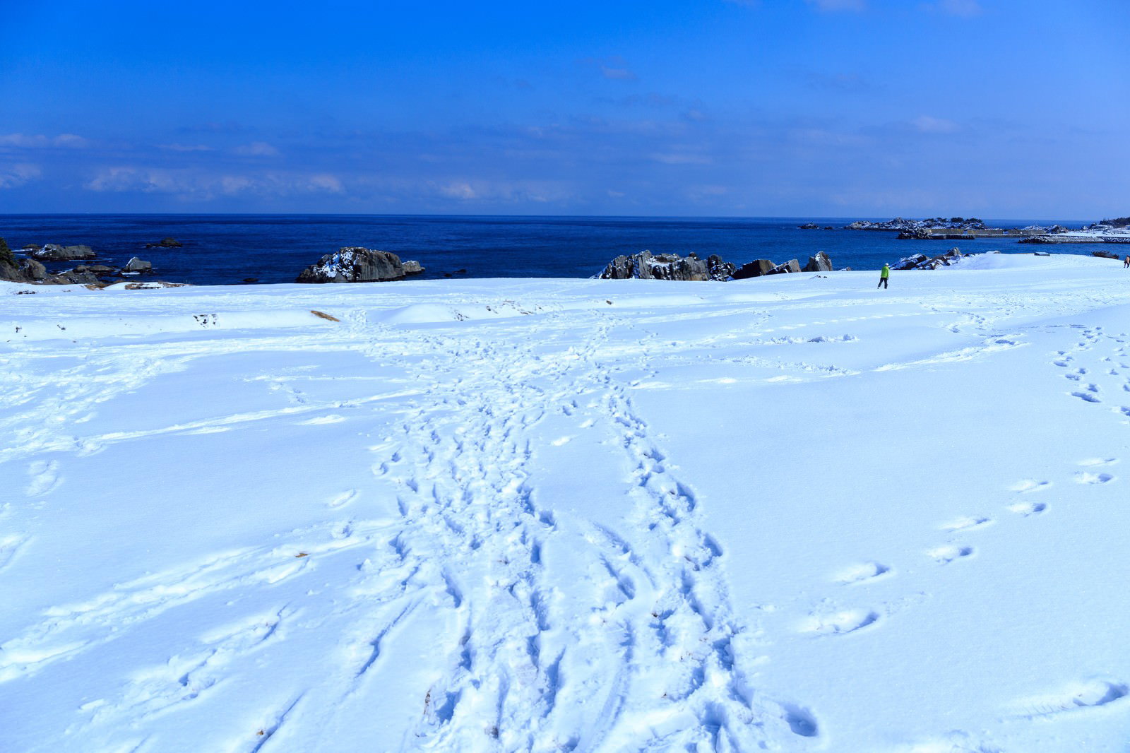 雪が積もった海岸に残された足あとと青い海