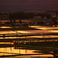 田園地帯の夕暮れと走る電車の写真