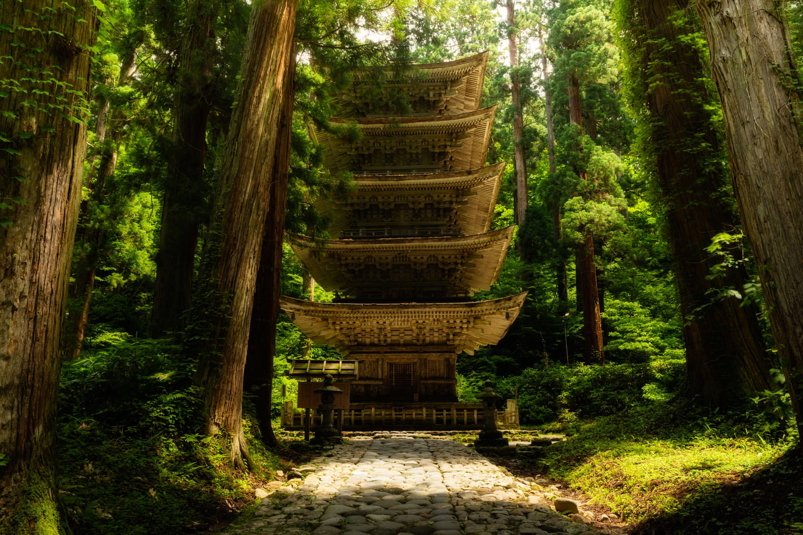 The Haguro Mountain Five-Storied Pagoda standing on the stone-step approach, surrounded by the green cedar trees