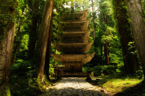 羽黒山五重塔と杉並木の参道を彩る階段石段