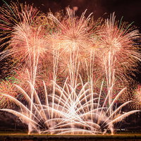 大曲サプライズ花火の夜空に広がるスパークと光跡の写真