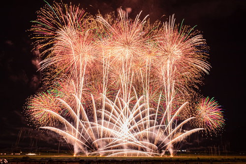大曲サプライズ花火の夜空に広がるスパークと光跡