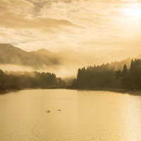冬のため池に立ち込める朝靄と朝焼け、早朝の静寂な風景の写真