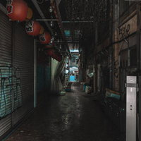 提灯が彩るアメ横の高架下シャッター街の夜景の写真