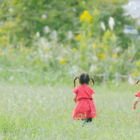 原っぱを走り回るツインテールのツインズ（後ろ姿）の写真