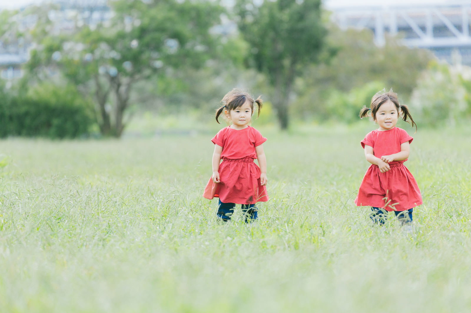 赤いワンピースで芝生に並ぶ双子の女の子［モデル：あおみどり］