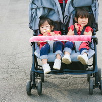 泣いても仲良しの双子の女児がベビーカーで過ごす日常の写真