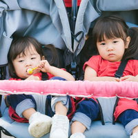 ベビーカーに乗るムス顔の双子女児、ツインテール姿の写真