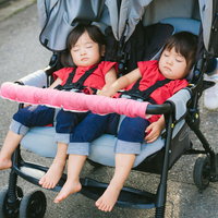 遊び疲れてベビーカーで寝ていた双子の写真