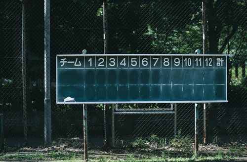 球場のスコアボードと野球のスコア表示、イニング得点記録