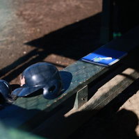 木製ベンチに置かれた黒いバッティングヘルメットと茶色いキャッチャーミットの写真