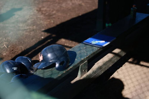 木製ベンチに置かれた黒いバッティングヘルメットと茶色いキャッチャーミット