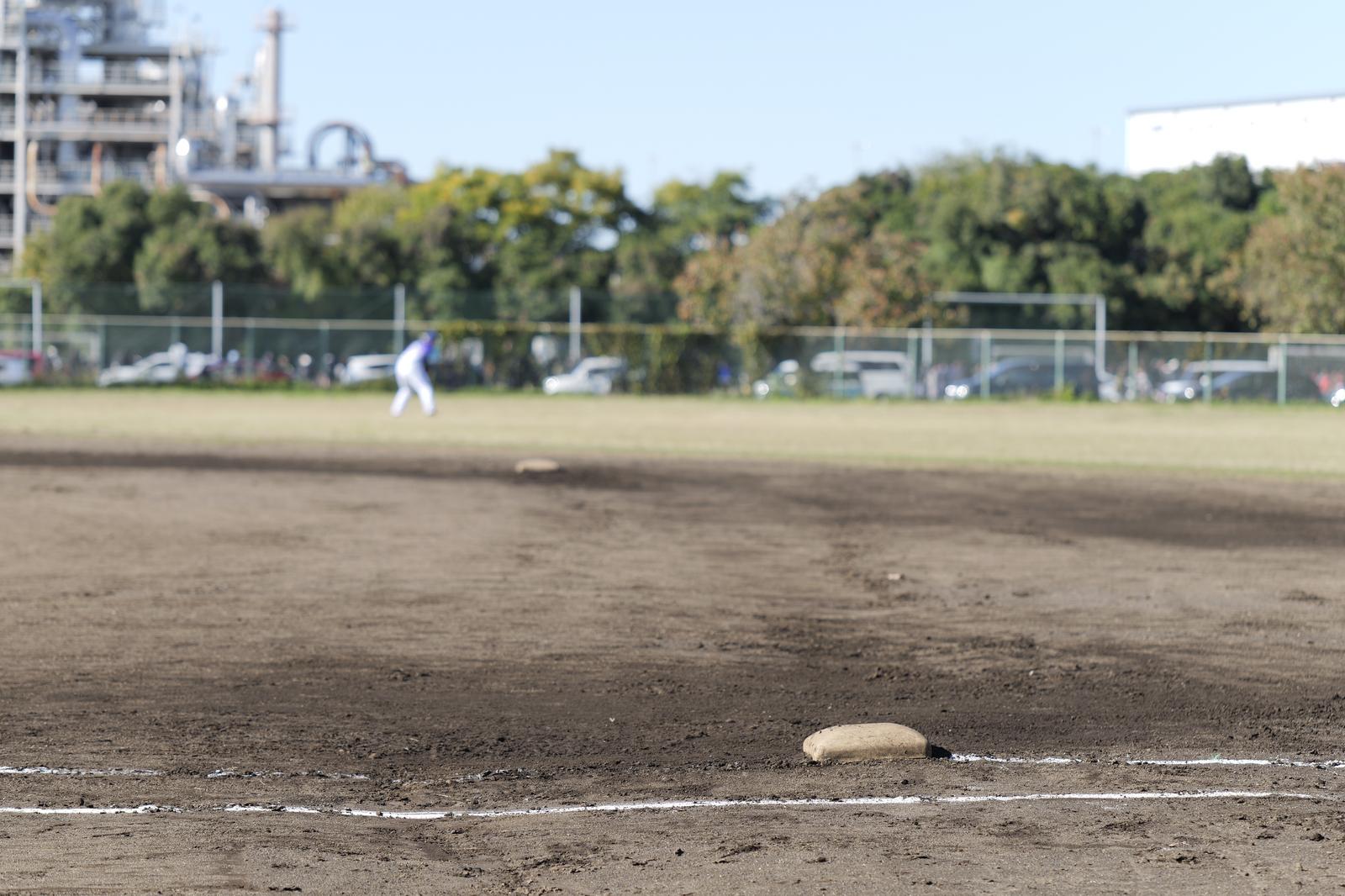Baseball pitcher's mound and white lines set up on the dirt ground