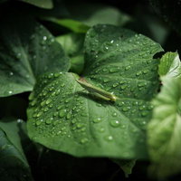 雨粒が光る葉にとまるショウリョウバッタの姿の写真
