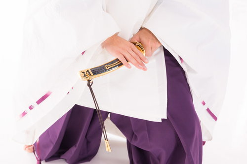 抜刀直前陰陽師の白装束と紫袴