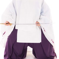 白い狩衣姿で毛抜形太刀を納刀する男性の動作の写真