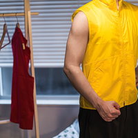 金色のアーマー風ベストを着てみた男性のの写真