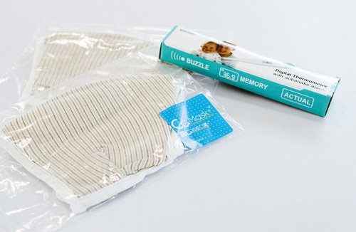 検疫所でもらった開封前のマスクと体温計を並べた感染対策用品